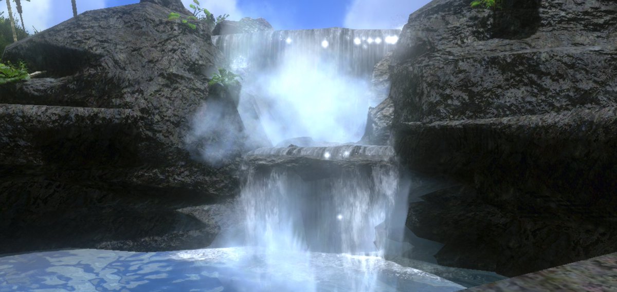 この島でも暑い日が続く。
サバイバルで喉の渇きは死の足音を意味する。
森を抜けた先に大きな滝と水辺を見つけた。まるでオアシスだ。
この水辺に入って喉を潤したら、冒険の続きをするとしよう。
#ARKMobile