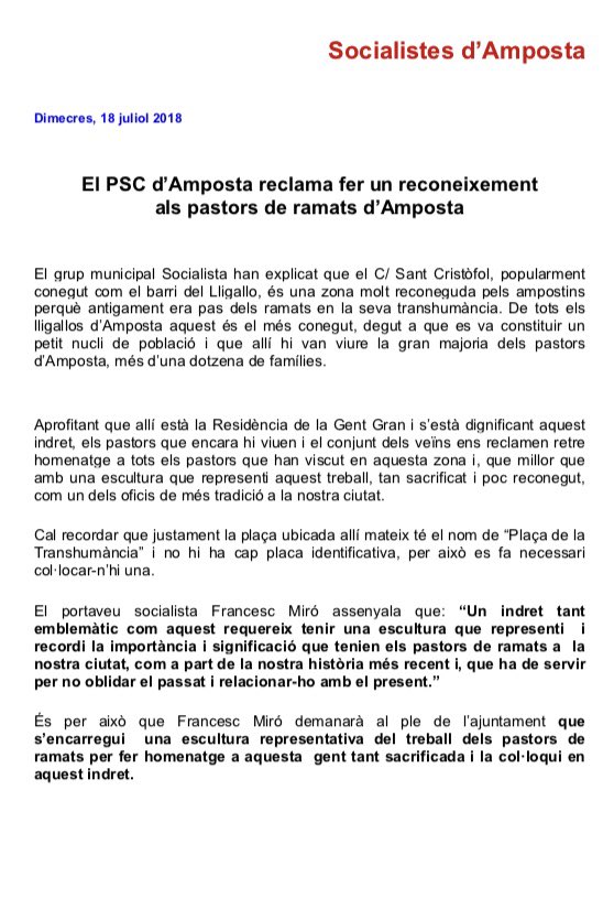 FrancescMiroM's tweet photo. Nota de premsa moció reconeixement als pastors de ramats d’Amposta #FemAmpostaMillor #Amposta @SocialistesAmp @AnnaTomasT @angels_calleja @copernicbet https://t.co/c4CLfdIR4Q