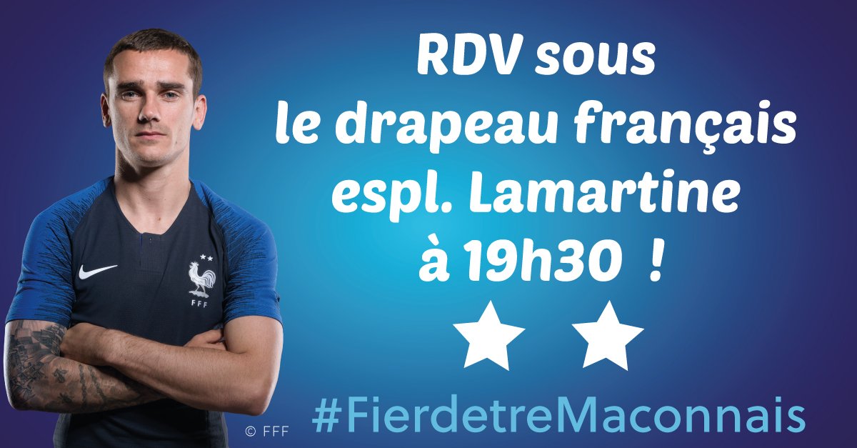 ⭐⭐ Antoine Griezmann donne rendez-vous aux Mâconnais à 19h30 sur l'esplanade Lamartine. Il fera une apparition au balcon d'honneur de la  Mairie de Mâcon pour saluer et remercier tous les supporters de sa ville  natale.

Toutes les infos 👉 ow.ly/KnNJ30l0lTk