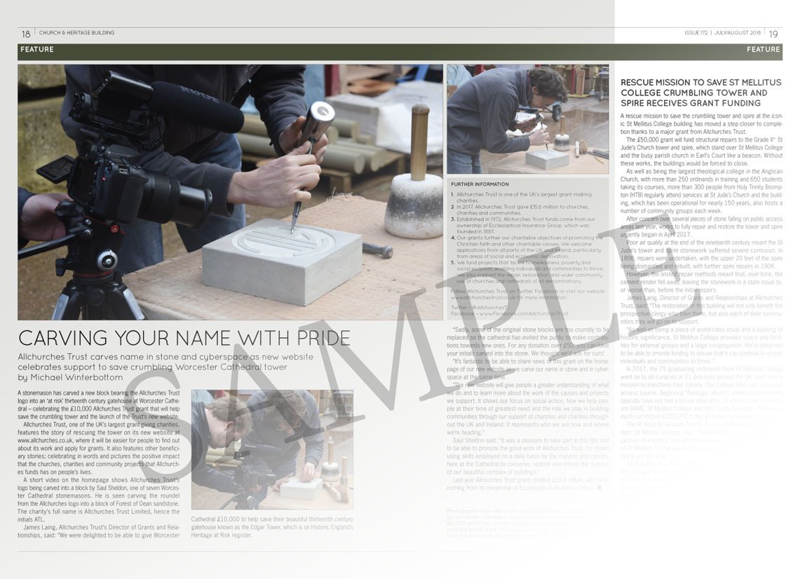 CHB_journal's tweet photo. A stonemason has carved a new block bearing the @AllchurchesT logo into an ‘at risk’ 13th century gatehouse at Worcester Cathedral – celebrating the £10,000 Allchurches Trust grant that will help save the crumbling tower. @WorcCathedral Subscribe at https://t.co/rHwC6ssd4E https://t.co/Y3IGWDaWzc
