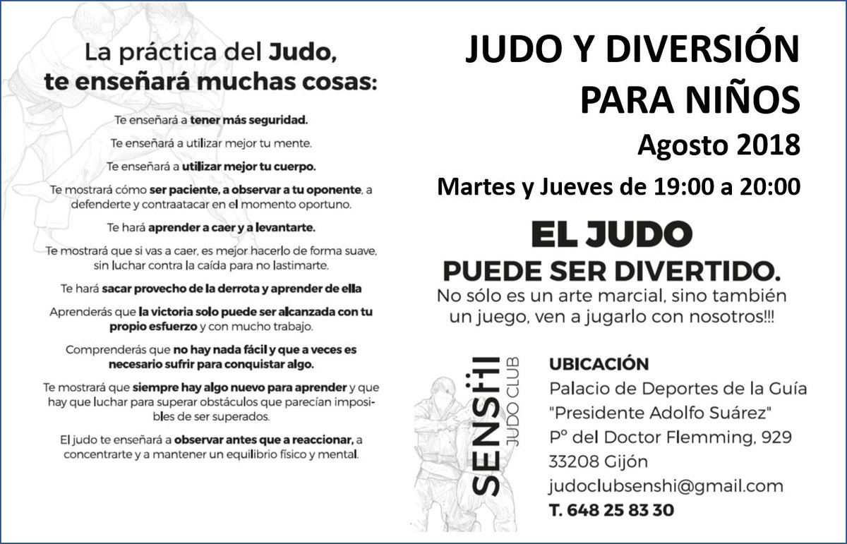 JUDO Y DIVERSION PARA NIÑOS!!!

El JUDO, no sólo es un arte marcial, también es un juego, ven a JUGARLO con nosotros!!

AGOSTO
MARTES Y JUEVES 19:00 A 20:00
#judo #teesperamos #eljudoesdivertido