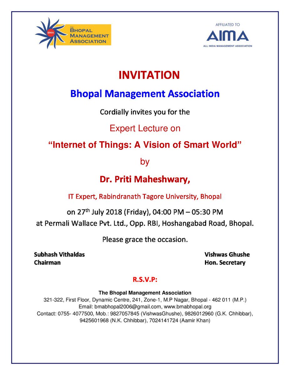 IT Expert of RNTU - Dr. Priti Maheshwary, has been invited by Bhopal Management Association to deliver an expert lecture on "IoT: A Vision of Smart World" on July 27, 2018, at Permali Wallace Pvt. Ltd, Bhopal.
<a href="/SiddharthAISECT/">SIDDHARTH CHATURVEDI</a> <a href="/AISECTIndia/">AISECT</a>