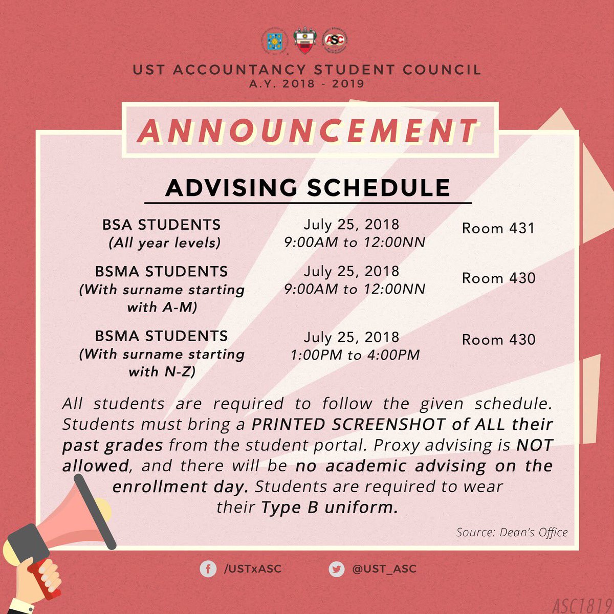 UST_ASC's tweet photo. RE: ADVISING AND ENROLLMENT SCHEDULES

Please be reminded that only those WITHOUT PRE-ADVISED SECTIONS are going to the Advising. 

All are required to wear their TYPE B uniforms for both Advising and Enrollment. 

Please be guided accordingly, AMVians! Thank you! https://t.co/3bhm0mj0kn