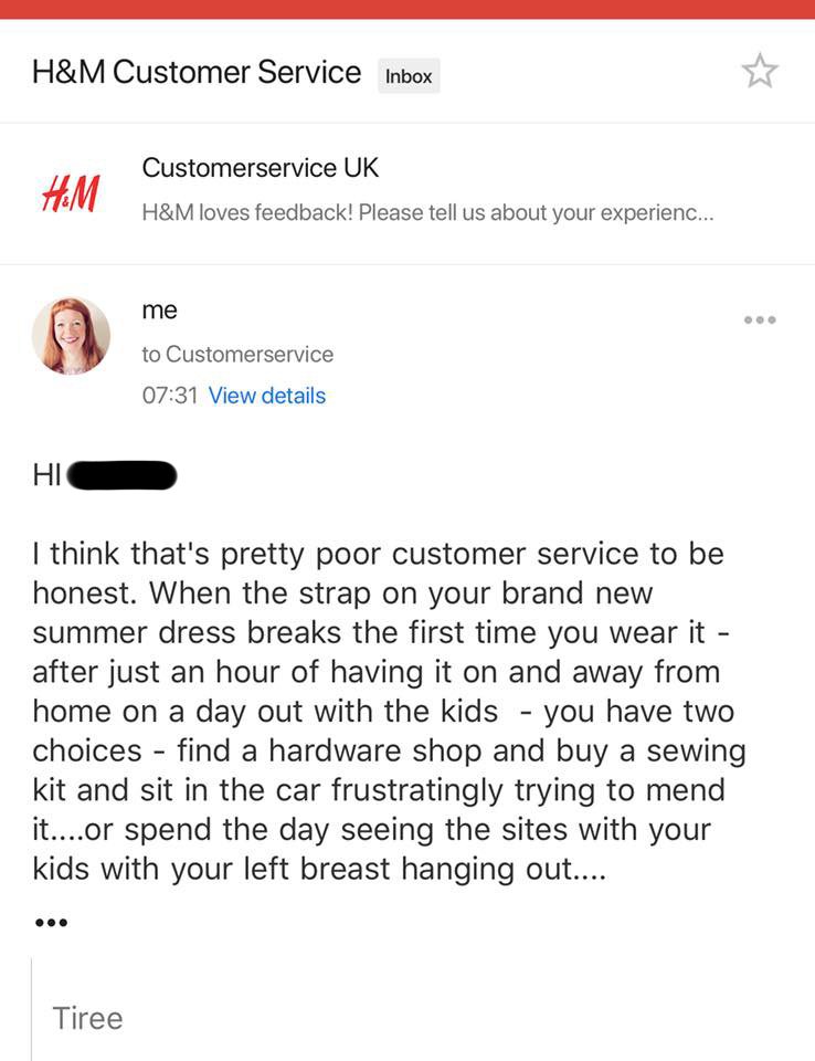 Pretty disappointed with <a href="/hm/">H&M</a> looks like they won't refund me £12.99 for a dress because I had to mend it myself...