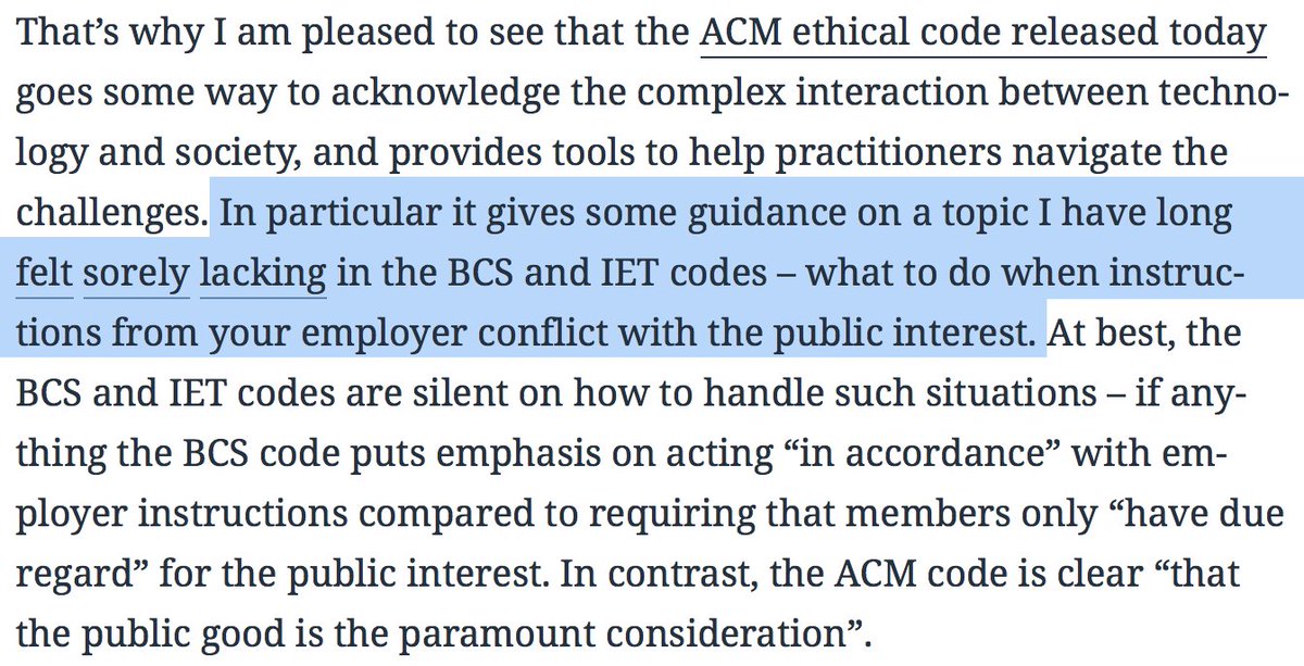 In particular it gives some guidance on a topic I have long felt sorely lacking in the BCS and IET codes – what to do when instructions from your employer conflict with the public interest.