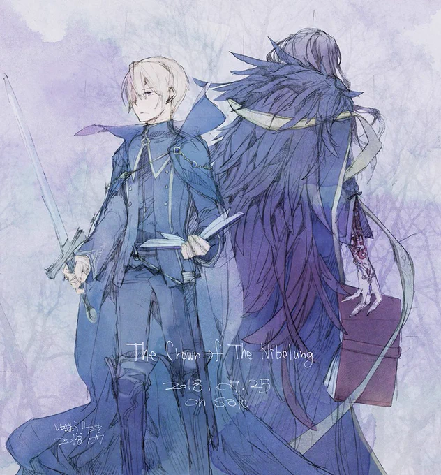 「FEif ニーベルングの宝冠」コミックス下巻(紙の本)は7月25日発売です。アニメイトさんでお買い上げいただきますとイラストカード(レオン隊の絵柄/カラー)が先着で付属します。この絵は関係ないらくがきです。幻想の中のレオンとマクベス的な感じですが、えっと、こんなに身長差ないと思います 
