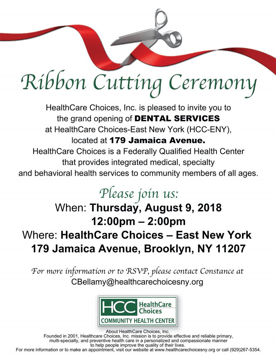 HlthCareChoices's tweet photo. Save the Date: Please join us as we cut the ribbon and open the doors to our new dental services suite at @HlthCareChoices #EastNewYork.  #ValueCHCs #BrooklynFQHC #IntegratedHealth #CHCsInnovate https://t.co/jKSVumuEkN