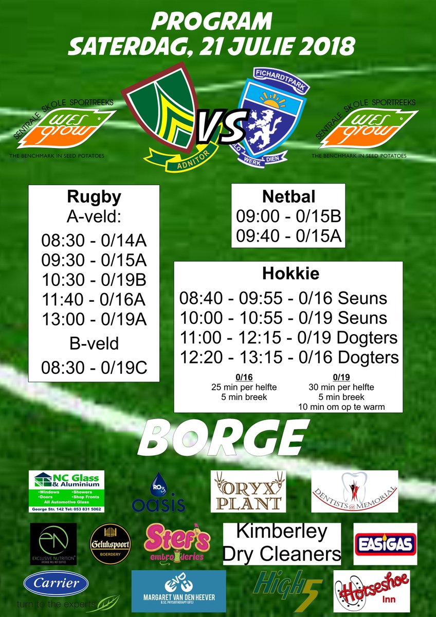 Hoërskool Noord-Kaap (@hs_noordkaap) on Twitter photo Program vir Saterdag teen <a href="/FHPSkool/">Fichardtpark Hoër</a> #trotsgroen #proudtobegreen #NCHsport #NCHnetball #NCHrugby #NCHhockey Program vir Saterdag teen <a href="/FHPSkool/">Fichardtpark Hoër</a> #trotsgroen #proudtobegreen #NCHsport #NCHnetball #NCHrugby #NCHhockey