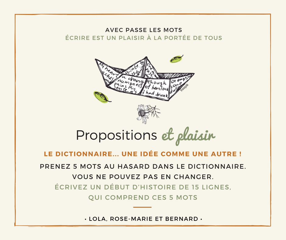 passelesmots's tweet photo. ✍️ Cette semaine Lola, Rose-Marie et Bernard vous proposent un nouvel exercice d'écriture créative. N'ayez crainte... écrire est un plaisir à la portée de tous !
#ecriturecreative #ecriture #ecrire #exerciceecriture #dictionnaire #jeuxecriture #histoire #mots #ecrivez #texte https://t.co/bzl5I9NGlO