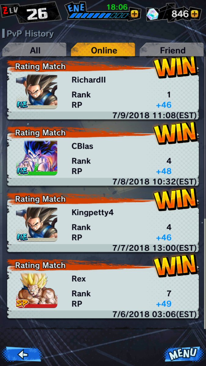 YangScholar's tweet photo. Win, Win, Win, Win, Win... Fuck EVERYTHING ELSE... win win win win. All these are ranked matches, I earned my stripes in legend. #DragonballLegends #wuconnect https://t.co/eDwfj83KFs