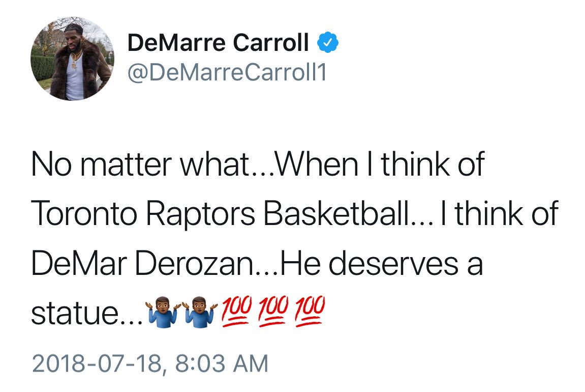 timandfriends's tweet photo. Former Raptors @TFlight31 and @DeMarreCarroll1 say DeMar DeRozan deserves a statue outside of Scotiabank Arena.

Do you agree? https://t.co/kmihvPwNZR