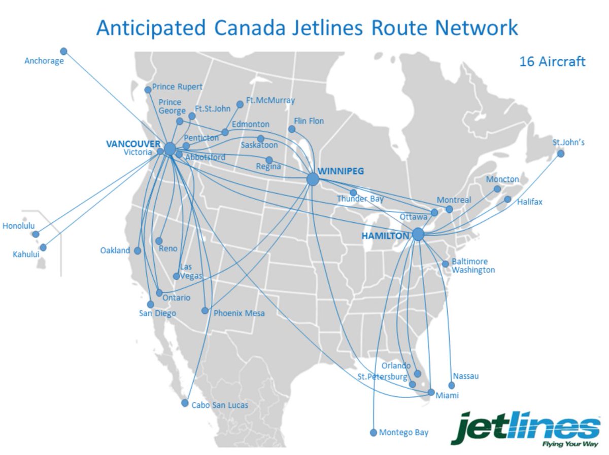 jetlinestracker's tweet photo. #WaybackWednesday to over 3 years ago: Canada Jetlines original "anticipated route network" with 16 aircraft. @CanadaJetlines $JET.V #teamjetlines #yvr #yhm https://t.co/hZ2OjWcG6m