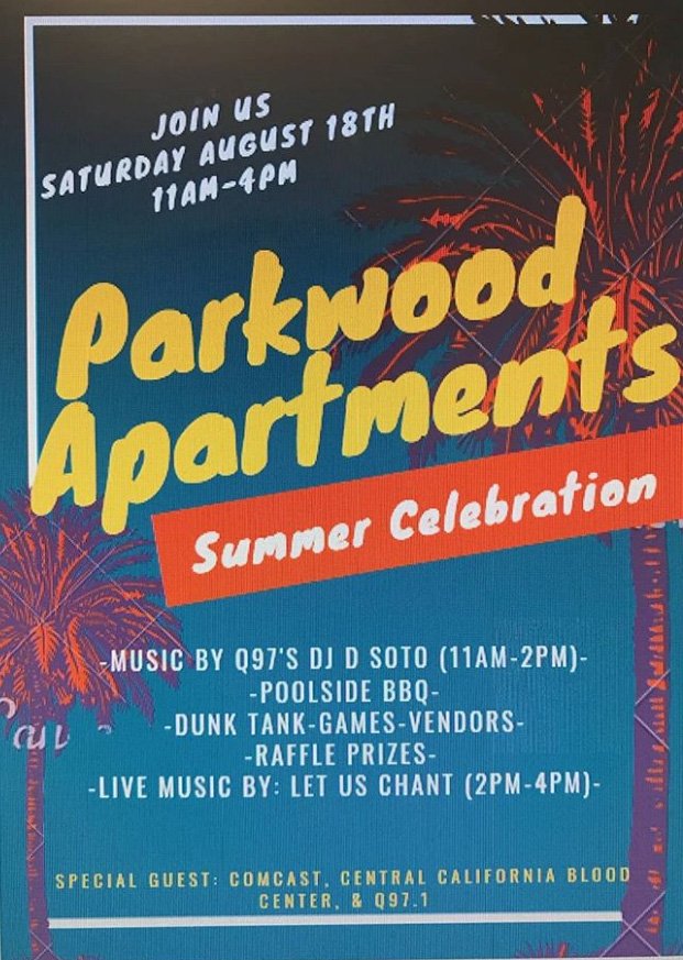 letuschant's tweet photo. Hot Valley Reggae at the @parkwoodapts Summer Celebration. Saturday, August 18th 11am-4pm with @djdsoto Pool-side BBQ, Raffle prizes, Dunk tank, Games, Vendors, Smiling faces, and live music from ya boys! @comcast @q971radio #centralcaliforniabloodcenter  #love #reggae #music https://t.co/lMP8JuNq7A