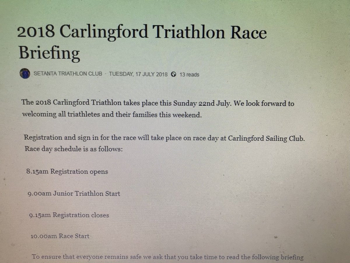 The race briefing for Sunday’s <a href="/CarlingfordIRE/">Carlingford Lough</a> Triathlon is available to read on the club’s facebook page.