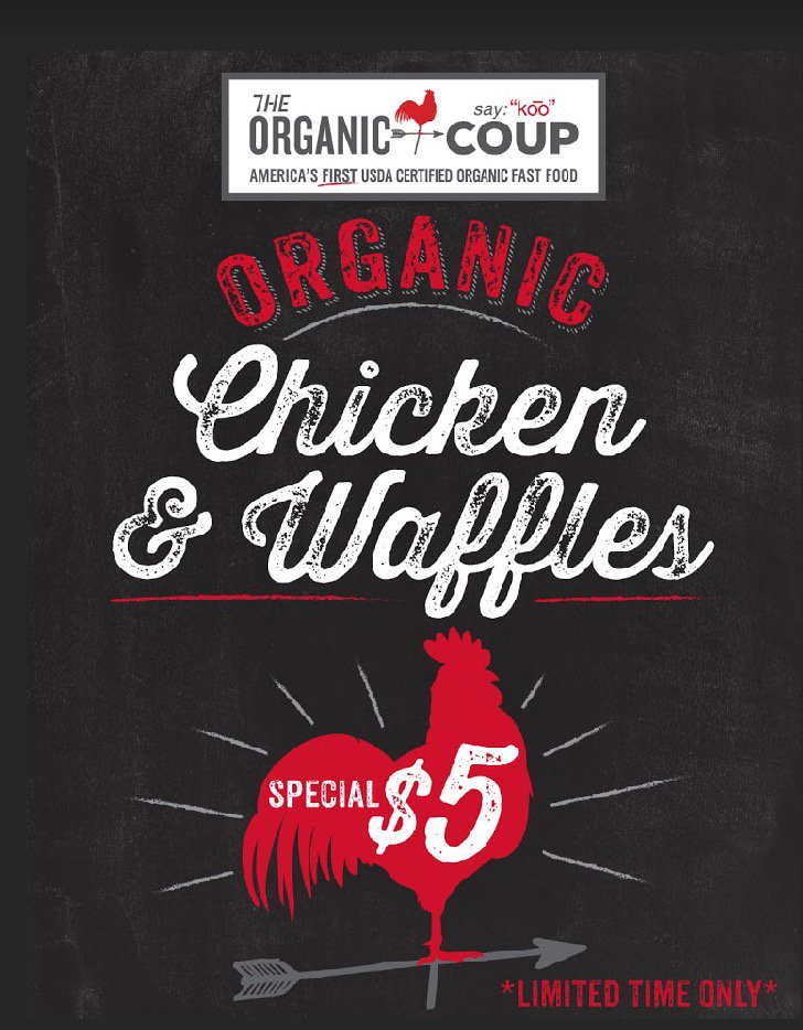 Hey there #CoupNation! For a limited time at our #Oakland location, try #CertifiedOrganic Chicken &amp; Waffles! Yes, Chicken &amp; Waffles! Starting today through 7/27! Visit us at #1300ClayStreet in Oakland to taste our take on this classic! #OrganicallyCocky #ChickenAndWaffles 🐓