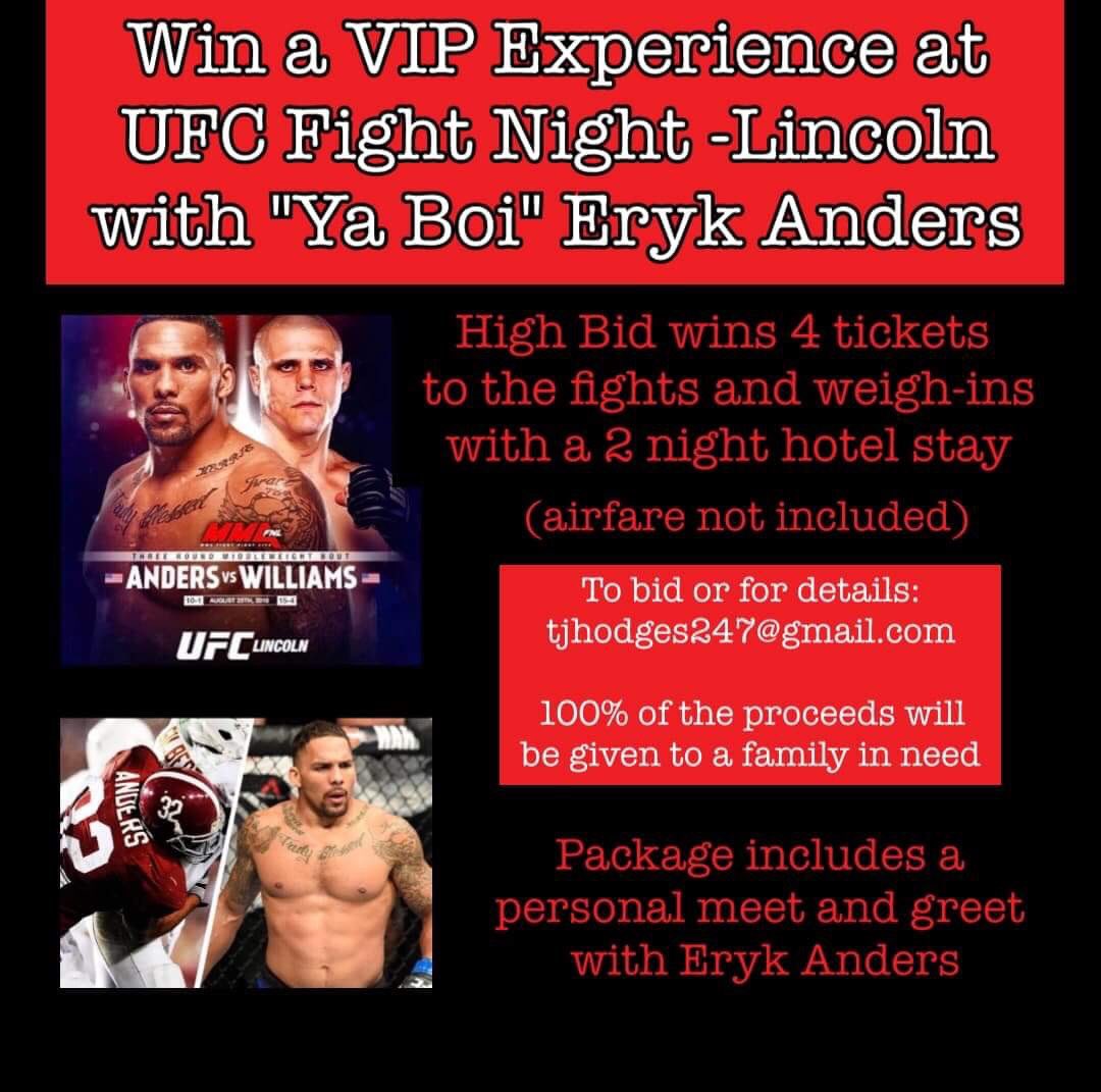 erykanders's tweet photo. Who wants to win this amazing trip?!?  
4 tickets to UFC Fight Night in Lincoln, NE - a personal meet n greet w me. 100% of the proceeds will go to a deserving family. If you have a bid, contact JT Hodges or myself. @ufc 
Thanks and good luck!!
#givingback #rolltide #ufc #mma https://t.co/tKMP5SzR9p
