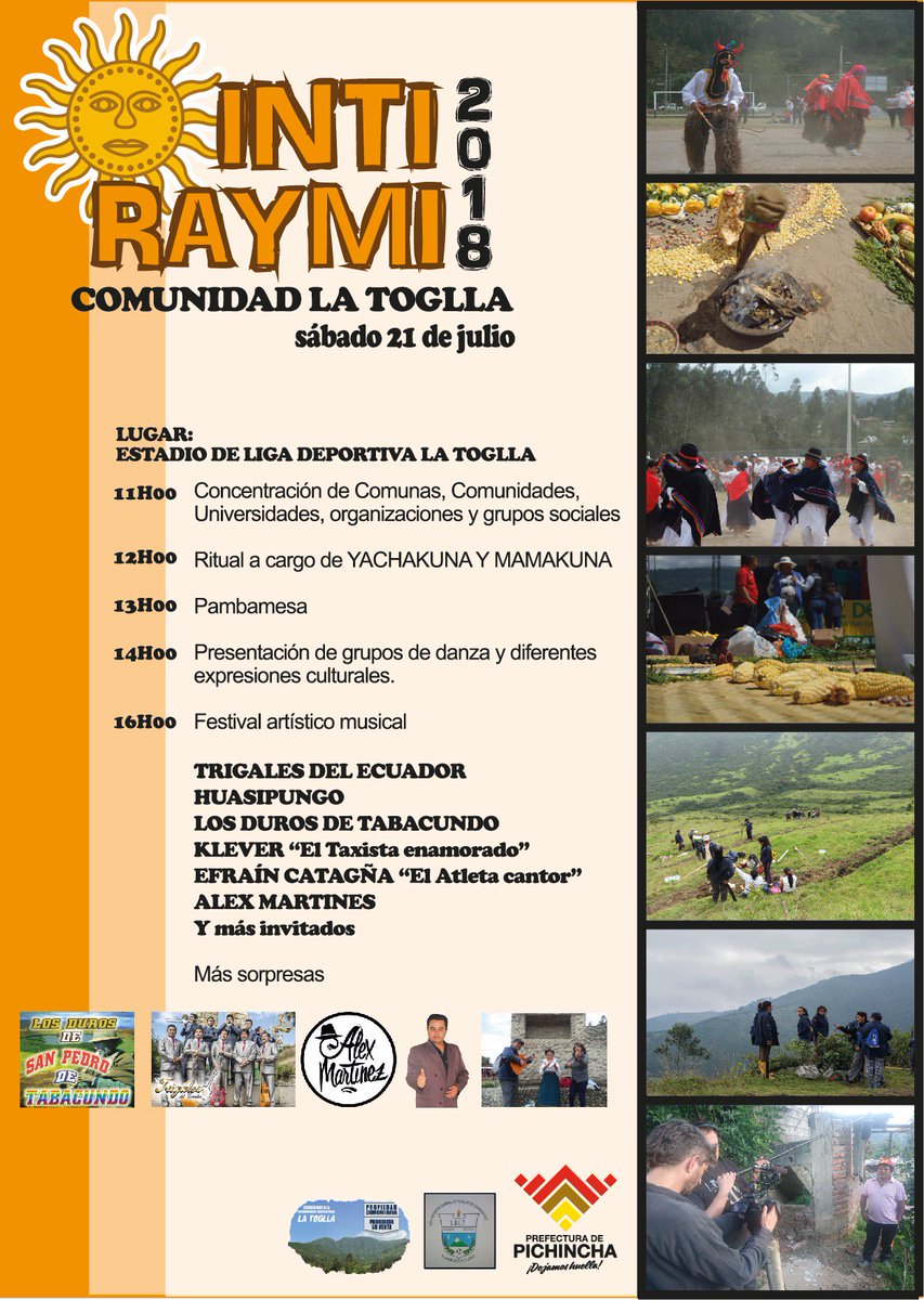 PichinchaGob's tweet photo. ¡No te lo pierdas!
La Comunidad Ancestral "La Toglla" te invita a participar de su característica celebración de las Fiestas del #IntiRaymi2018. Forma parte de estas tradiciones que constituyen su herencia cultural. https://t.co/xvVSp7Yf5Q