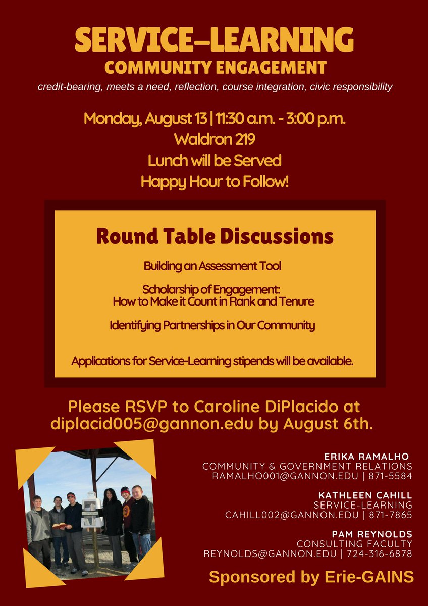 GUServLearning's tweet image. Service-Learning Workshop
August 13, 2018  
11:30 a.m. -3:00 p.m. 
Waldron 219

Come learn what Service-Learning is at GU and how to incorporate it into your classes this fall. (How are we a month away already!?) 

Did we mention free food?!