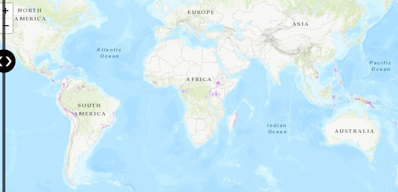 Map of the world showing where cacao could grow if temperatures rose by 4.5 degrees. Shows a massive decline in cacao production
