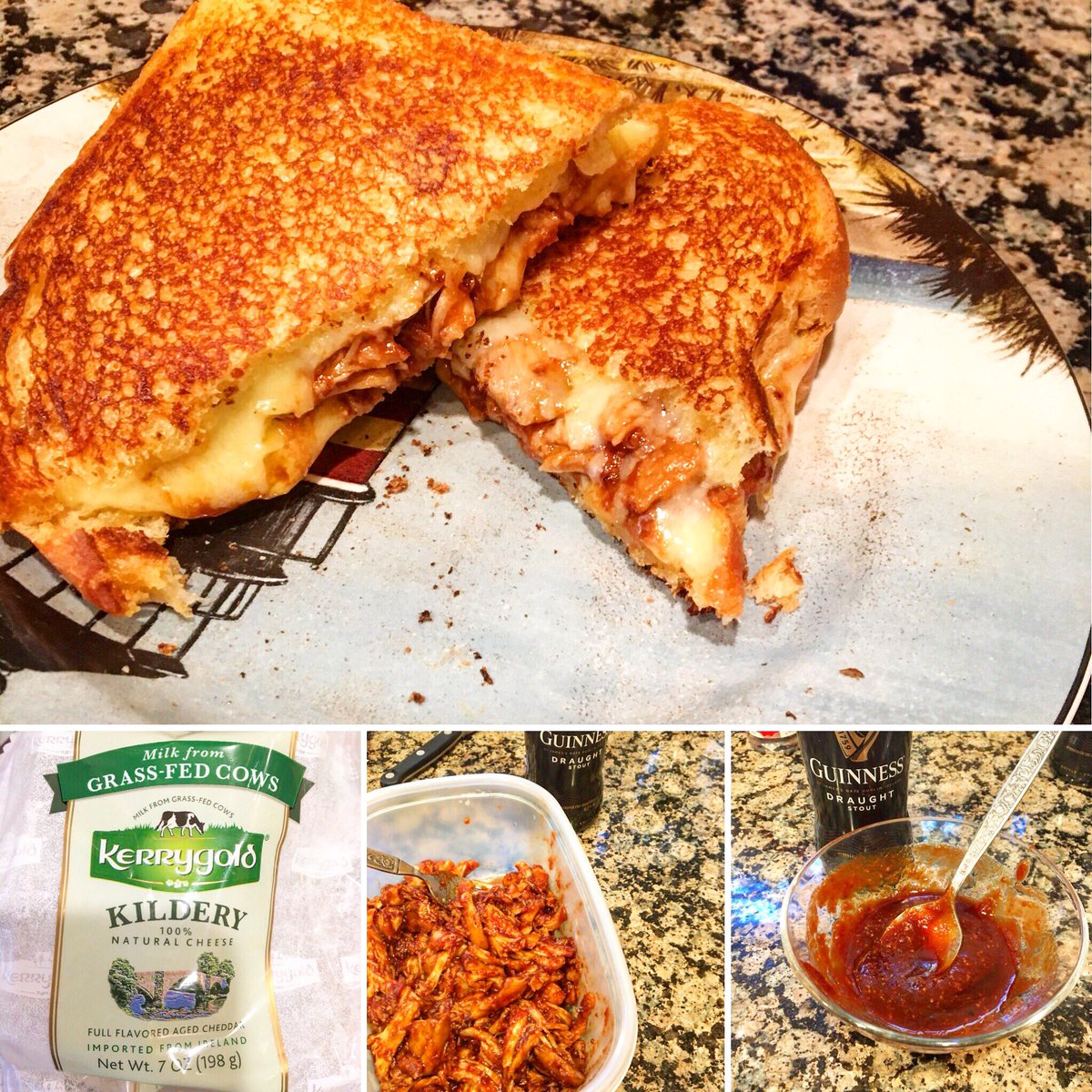 Guinness pulled chicken,  Guinness BBQ sauce,  and Irish cheddar - Irish inspired grilled cheese! 
#whatsforlunch #foodie #guinessbeer #grilledcheese #catering
