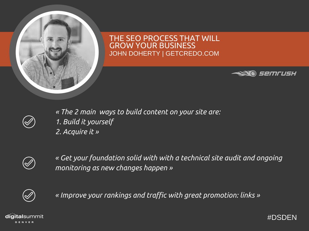 semrush's tweet photo. Just heard @dohertyjf discuss The #SEO Process that will grow your business! Here are some of our key takeaways 👇
#DSDEN #DSDenver https://t.co/k8uVRc1oh3