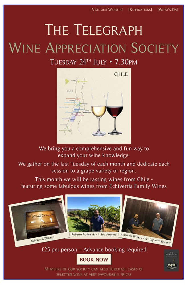 pub_events's tweet photo. The Telegraph Wine Appreciation Society . Chile . 24th July . 7.30pm https://t.co/nMSsl2kFRT https://t.co/Xxm1773DDq