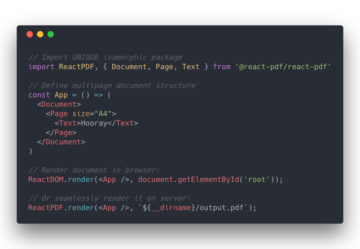 diegomura's tweet image. 🎉 New #reactpdf API 🎉
Next version will be shipped in a brand new package. Just install it, and run it seamlessly in all platforms without any additional bindings!