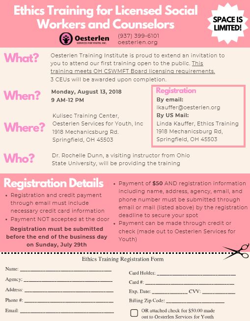 OesterlenSFYInc's tweet photo. Oesterlen Training Institute is proud to announce our first CSWMFT certified training on ethics for licensed counselors and social workers on August 13th. See the attached image for details on how to register and secure your spot to earn some CEU credit. Space is limited! https://t.co/oC09lTqM7o