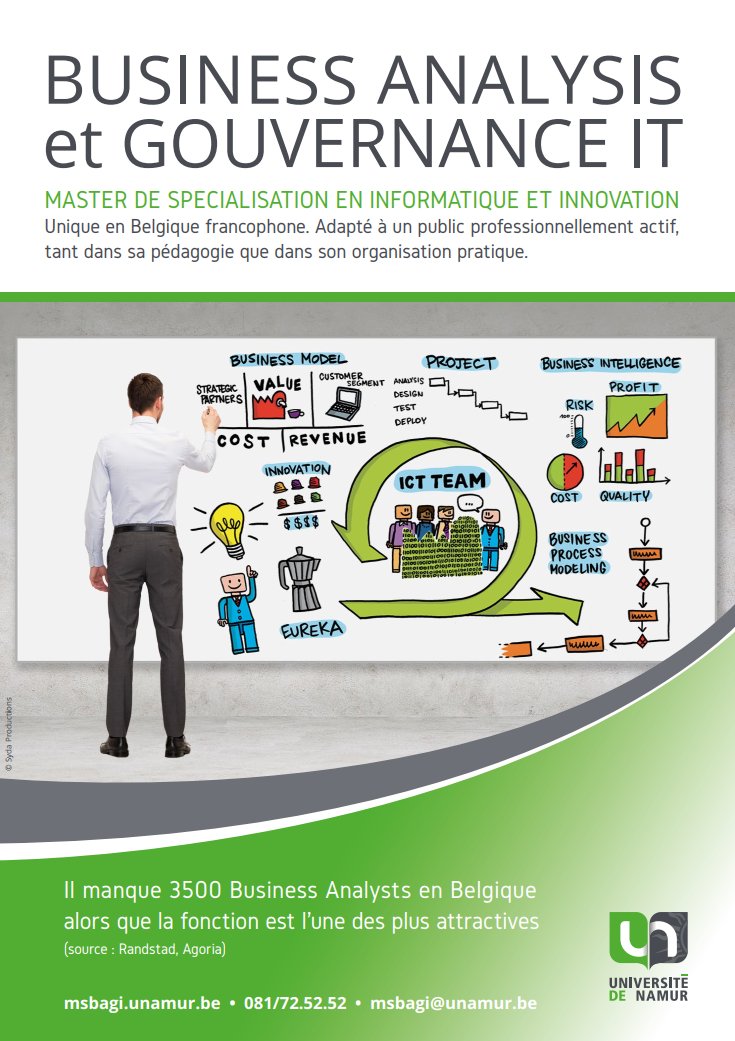 ❓ Envie de booster votre carrière, d'approfondir vos connaissances ?

‼️ Master de Spécialisation universitaire en Informatique et Innovation orientation Business Analysis et Gouvernance IT à l'<a href="/UNamur/">UNamur</a>

➡️  Conditions &amp; informations : msbagi.unamur.be