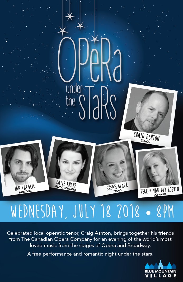 BlueMtnVillage's tweet photo. Join us TONIGHT at 8pm for Opera Under the Stars on the Coca-Cola Village Stage, featuring Craig Ashton and his friends from the Canadian Opera Company!
Bring a chair and enjoy this free performance of popular Opera and Broadway songs! https://t.co/QCd5xM5pzN #OperaUnderTheStars https://t.co/wCtJJz0SgN