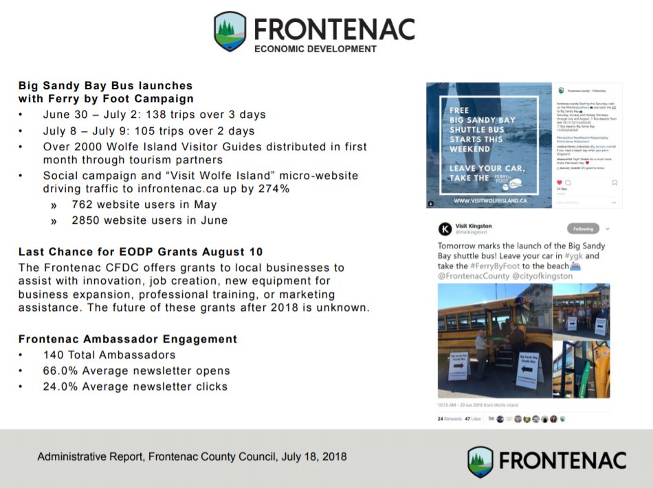 CAO report cont'd - 243 people took the Big Sandy Bay Shuttle Bus int he first two weekends.
More details about the #FerryByFoot campaign: visitwolfeisland.ca
#FrontCnl