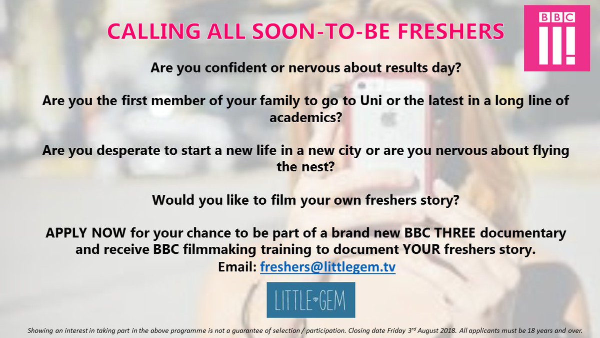 <a href="/AbbiCasting/">Abbi Casting</a> PLS RT! CALLING ALL SOON-TO-BE FRESHERS FOR NEW BBC3 DOCUMENTARY. Apply now - eepurl.com/dBfyVP  #freshers2018 #freshers #castingcall #bbc3 #tv