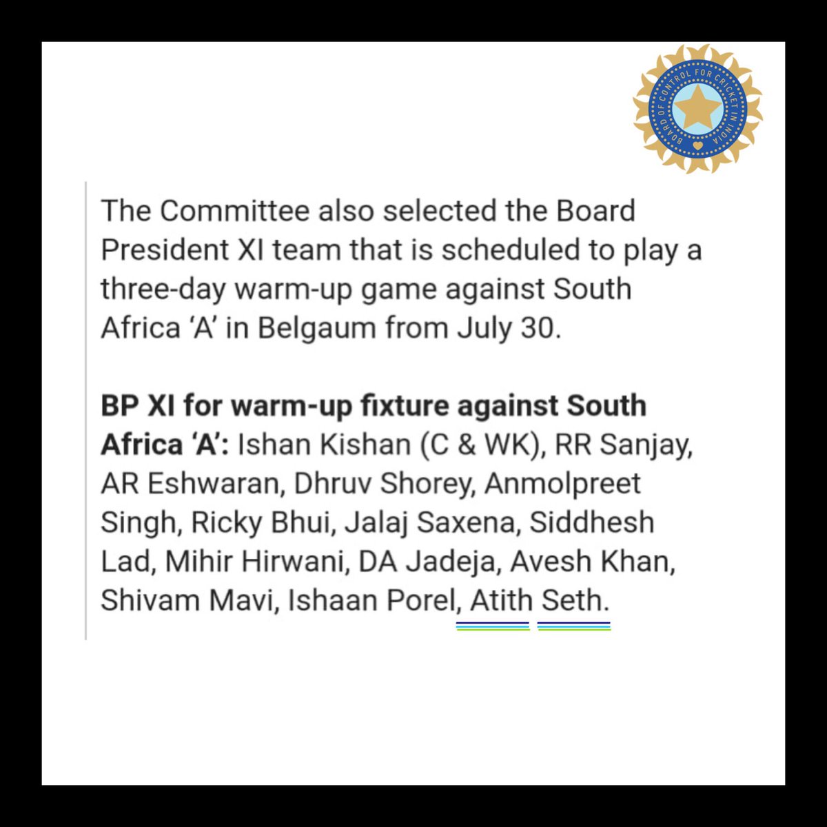 fc_atit_sheth's tweet photo. #BoardpresidentXl squad for warm-up fixtures against #southafricaA
.
.
.
#AtitSheth #fc_atit_sheth #allrounder #ranjitrophy #vijayhazaretrophy #syedmushtaqalitrophy
#baroda #BCCI #BCA https://t.co/XettgVPWYm