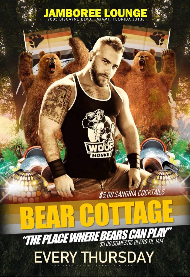 This and Every Thursday, Bear Cottage at Jamboree Lounge, where Bear come to play. Jamboree Lounge opens at 6pm to 9pm for happy hour with $3.00 Bud lite, Miller Lite, &amp; Budwiser Beer. Then at 10:00pm the party starts with happy hour beer special all night and $5.00 sangria,  ...
