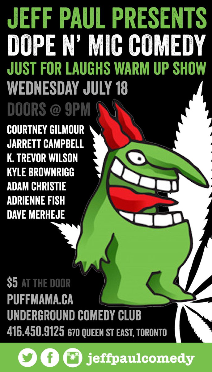 TONIGHT!!
Before #Toronto's best comics head to <a href="/justforlaughs/">JUST FOR LAUGHS</a> next week in #Montreal to record <a href="/netflix/">Netflix</a> specials and TV tapings for the <a href="/comedynetwork/">CTV Comedy Channel</a> they'll be prepping their sets at <a href="/UndergrndComedy/">Underground Comedy 420</a> for this super stacked #DopeNMic!
Reservations 416.450.9125