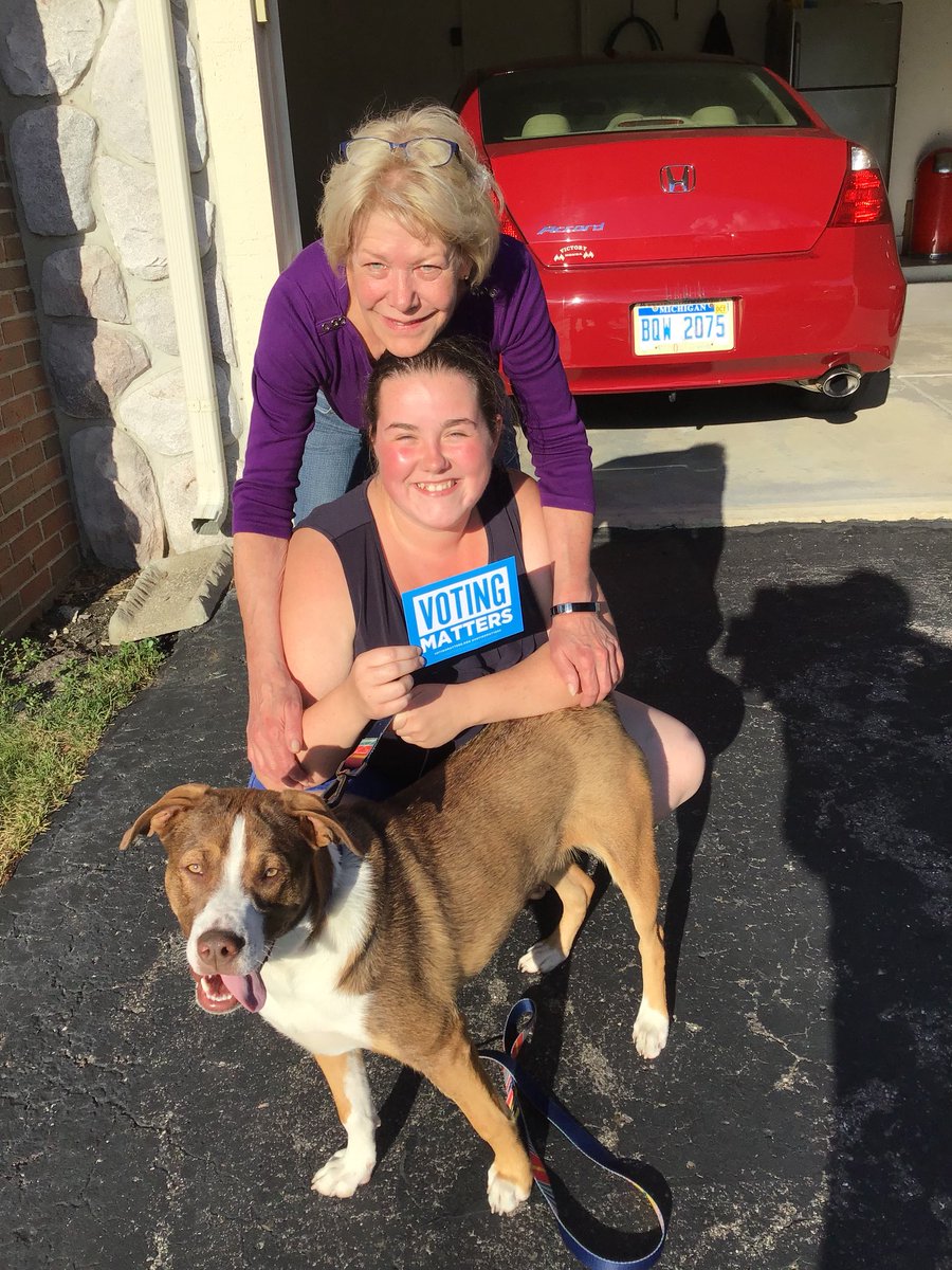 PAllenPTP's tweet photo. Like Mother, Like Daughter - dedicated Democrats plan to SHOW UP Nov. 6th. Even Eleanor, the dog, named for Eleanor Roosevelt, insisted on getting into this picture. True story, no shade. #votingmatters #MI11 #BlueWave2018 #FamilesBelongTogether #FlipTheHouse #TakeBackTheHouse https://t.co/8irmyYQIiR