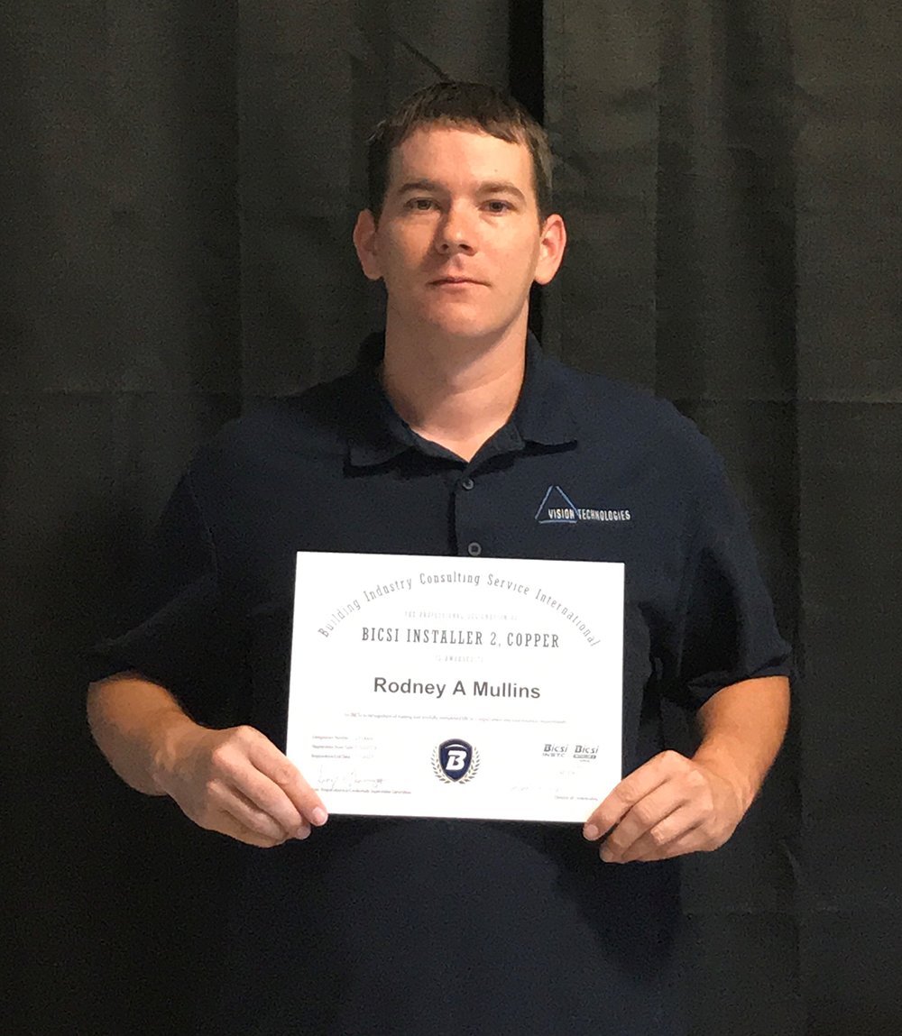 Vision_Tech_Inc's tweet image. Congratulations to Rodney Mullins for his successful completion of the #BICSI #Installer II Copper class. Rodney is the newest ITS #VisionTechnologies employee who has passed the written test and hands-on examination process and now is officially a BICSI Certified member.