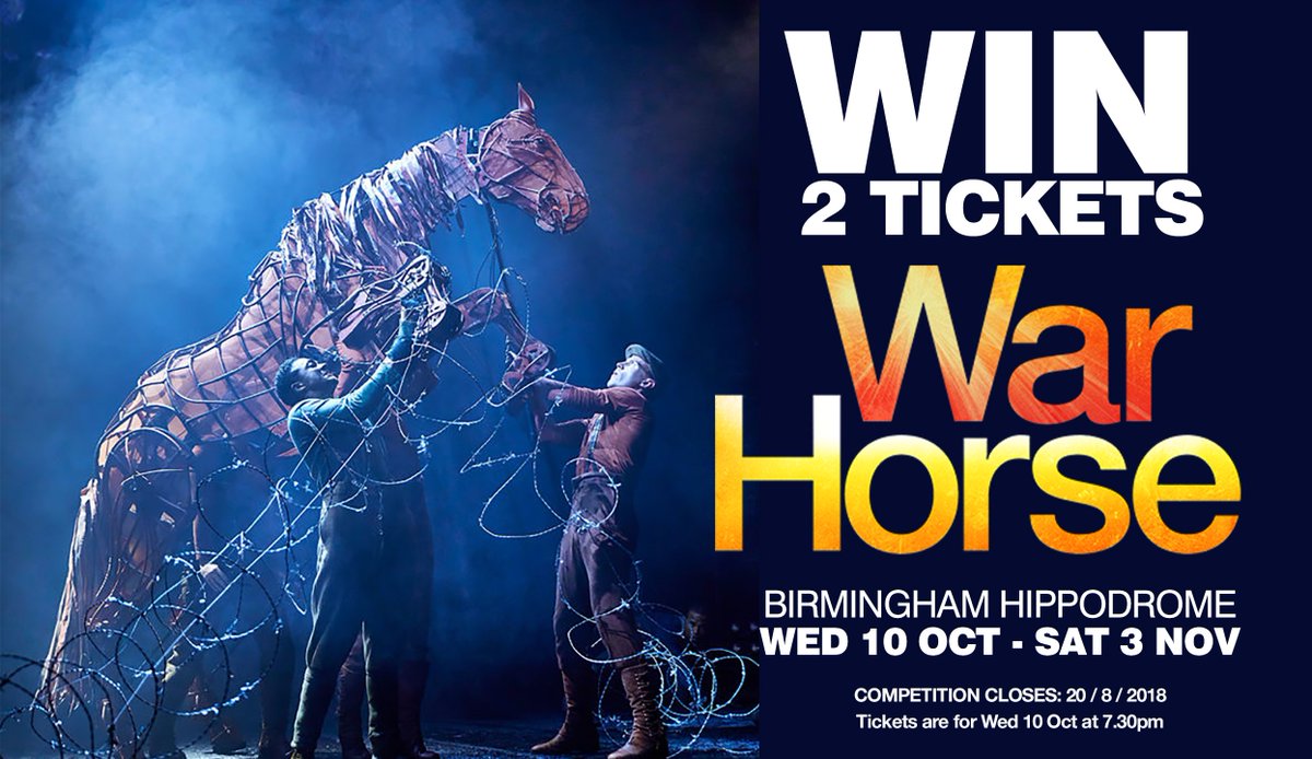 #WIN
2 tickets to <a href="/WarHorseOnStage/">War Horse</a> which shows at <a href="/brumhippodrome/">Birmingham Hippodrome</a> from 10 Oct - 3 Nov. FOLLOW + RT before 20/8 to enter!
