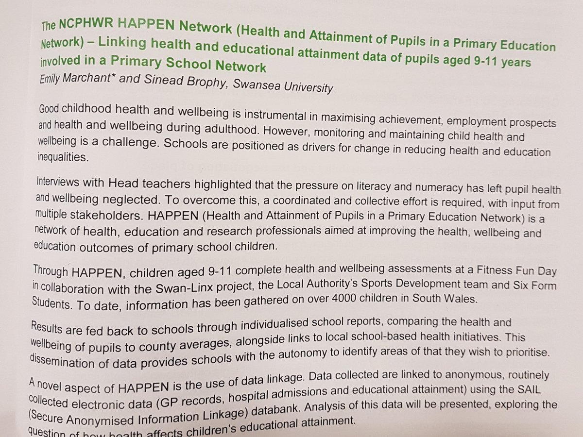 AlexMSWilliams's tweet photo. Emily Marchant @emily_marchant of @SwanseaUni presenting on the HAPPEN network @happenswansea looking at health and educational attainment in primary schools using data linkage.  Research shows that better fitness linked to better educational attainment and wellbeing #WISERD2018 https://t.co/XbT3w9fIRM