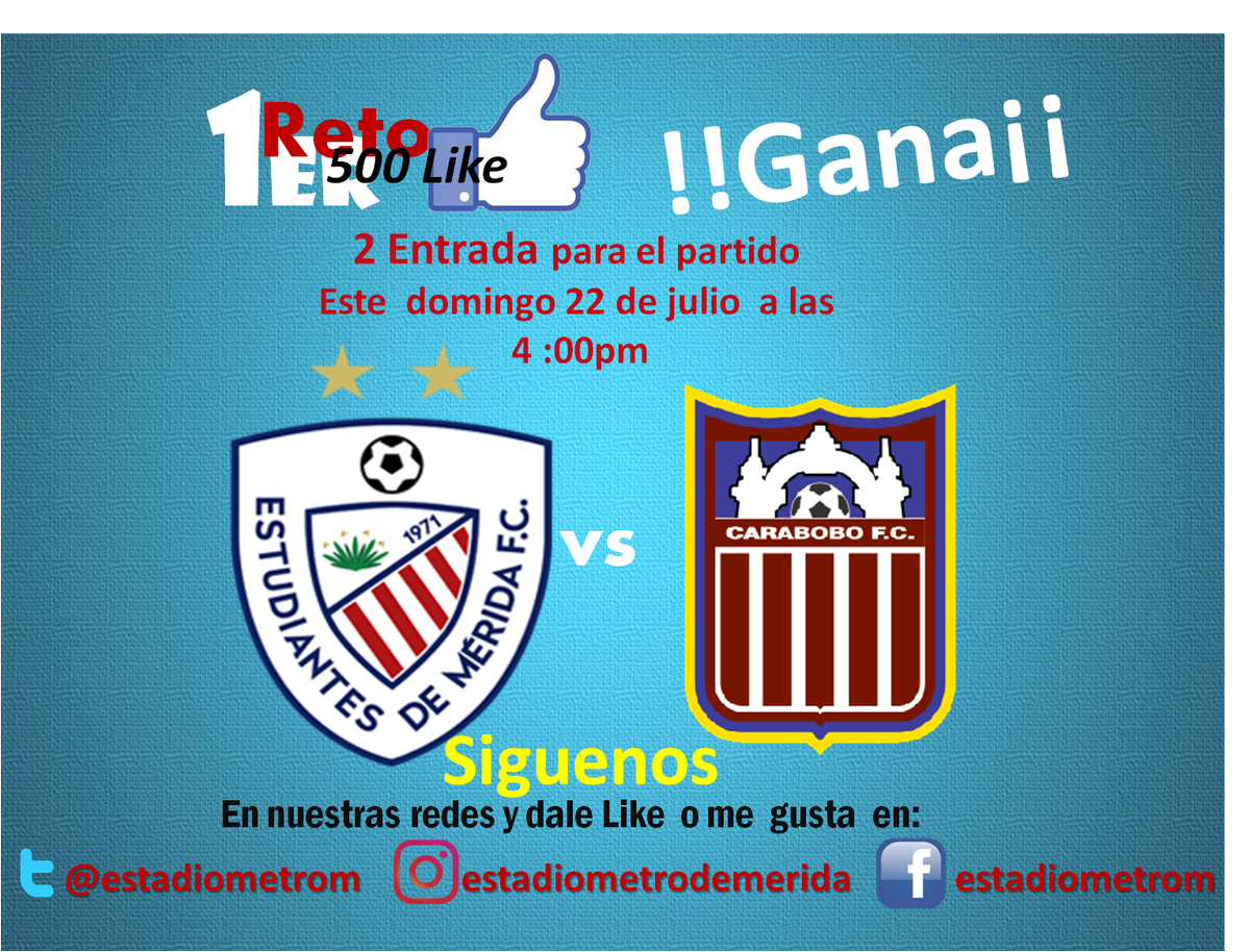 estadiometro's tweet photo. hoy lanzamos el 1er reto #Estadiometrodemerida #ind @estadiometrom sorteamos  2 entradas para el partido @EstudiantesMEFC vs @Carabobo_FC dale siguenos+like y participa https://t.co/CqJgHAfGn9