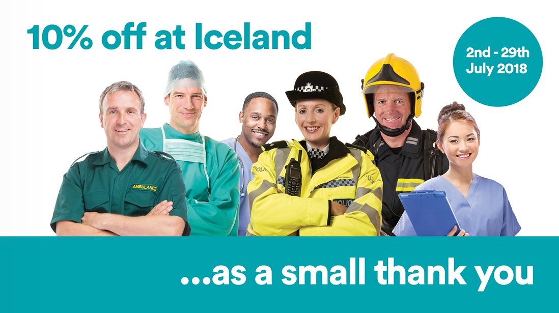 IcelandFoods's tweet photo. Just a little something to say thank you... ❤ 
 
If you are a Police, Fire Service, NHS, Ambulance Service, HM Coastguard or RNLI employee, you can enjoy 10% off any Iceland shop! ☺ 
For T&amp;Cs and more information: https://t.co/53wDR5oR7m https://t.co/n7dBcHy9O4