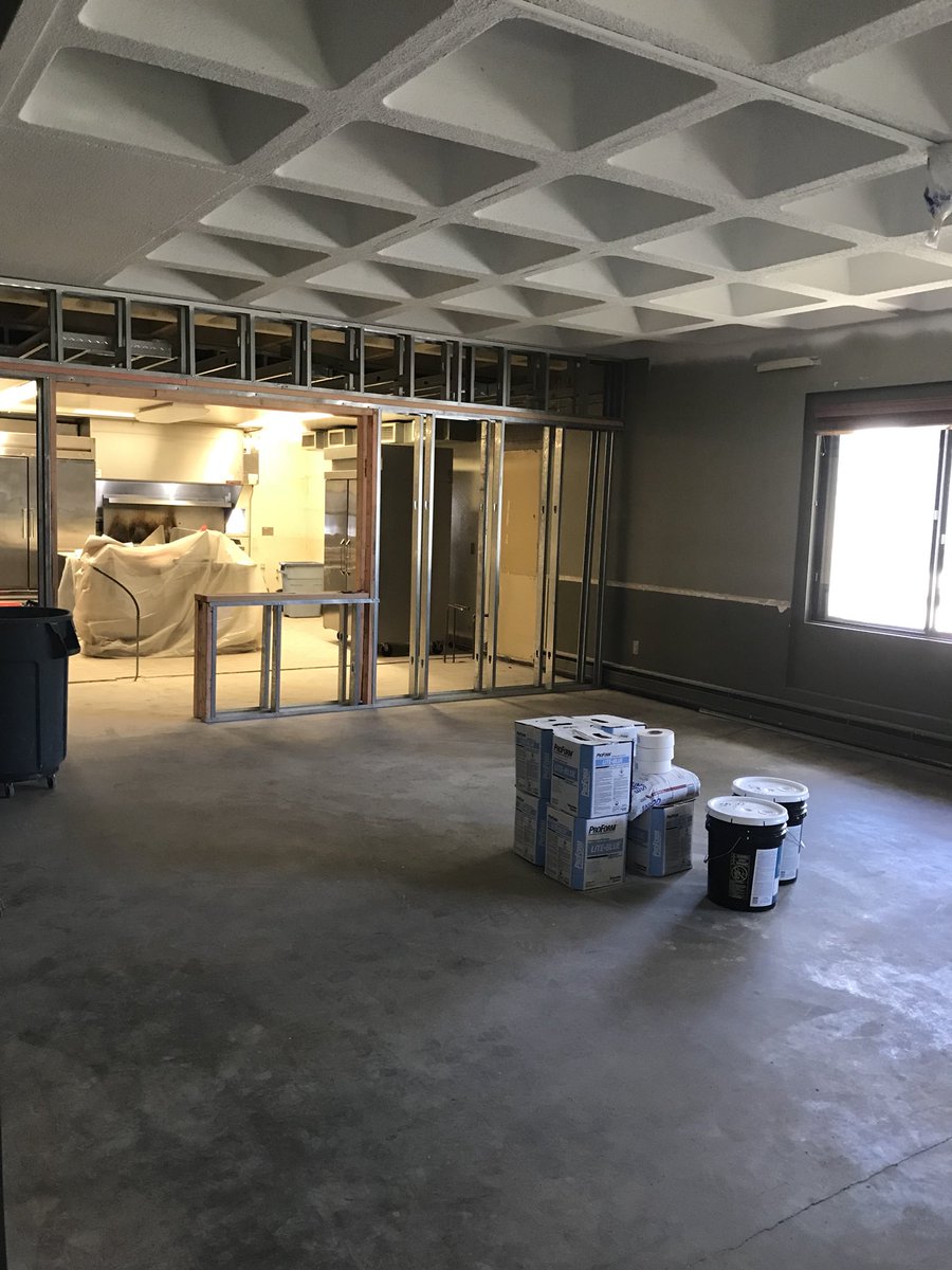 The carpet is out, the kitchen wall has been moved and the ceiling is painted. New light fixtures go in today!  #midcenturysnaxo