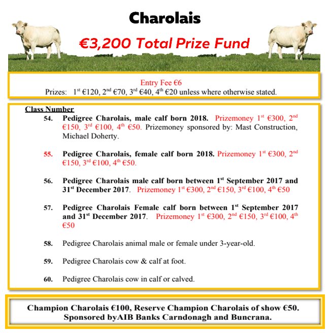 Check out our Pedigree Charolais Classes below and the amazing cash prizes that's up for grabs! Who will win this years Champion Charolais Title?

Entries closing on the 22nd July