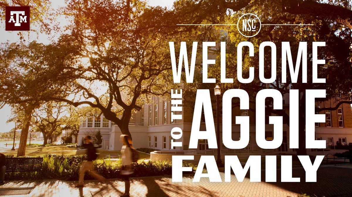 text "Welcome to the Aggie Family" over a photo of people walking on military walk in front of the YMCA