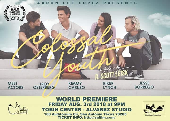 R5Chile's tweet photo. #COLOSSALYOUTH se estrenará mundialmente el VIERNES 3 DE AGOSTO en el 24° FESTIVAL DE #SANANTONIOFILM😍
En el estreno se encontrará  Riker Lynch firmando autografos😏
Entradas disponibles el 20 de julio🙊
Solo en Texas!
#r5family https://t.co/YB8dvitONF