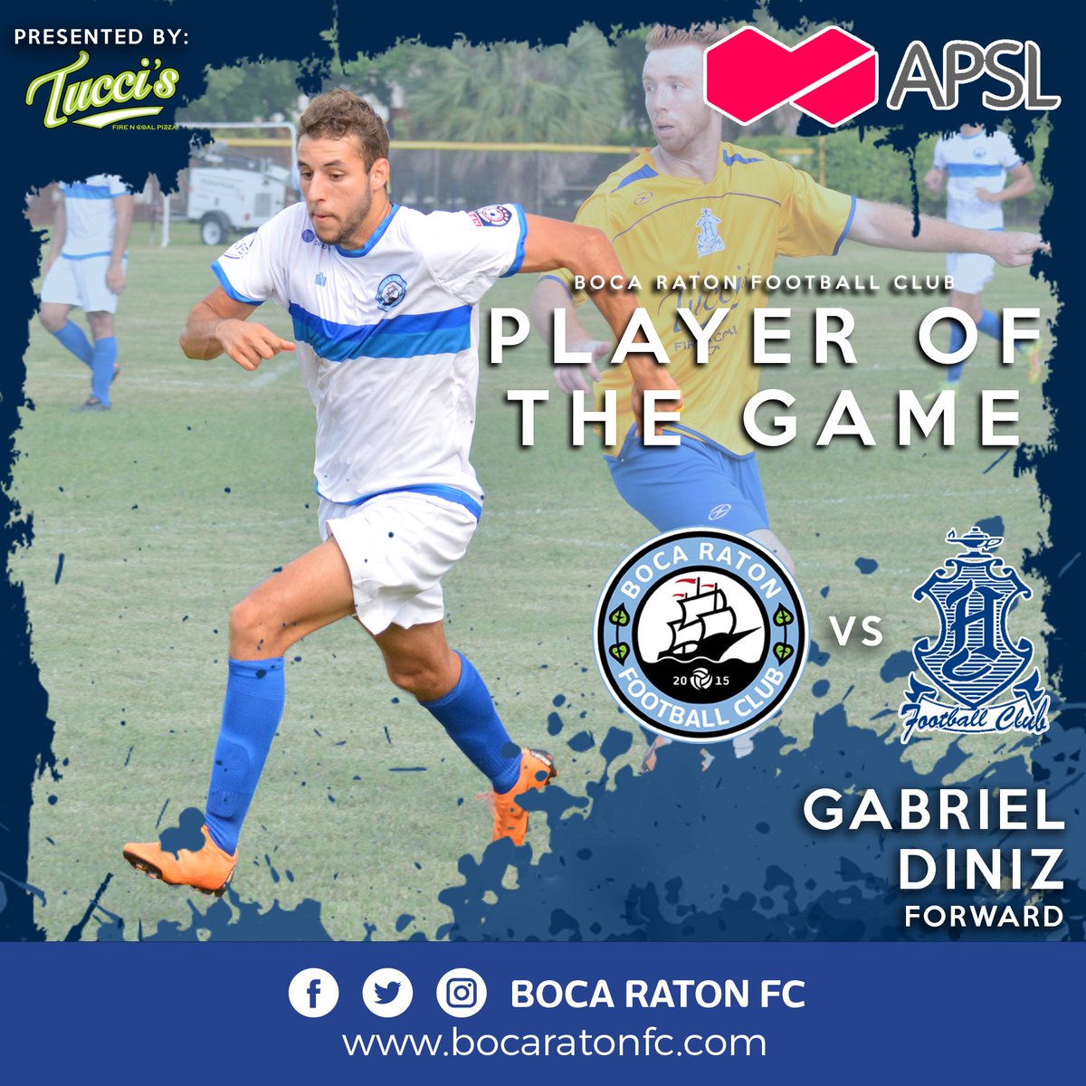 BocaRatonFC's tweet photo. #BocaNation, your @Tuccispizza #PlayerOfTheGame is Gabriel Diniz (@Gabriel_Diniz6)! Hit that ❤️ to congratulate our forward! #bocanation #bocaratonfc #letsgoboca #apslsoccer https://t.co/rr6yxroZl8