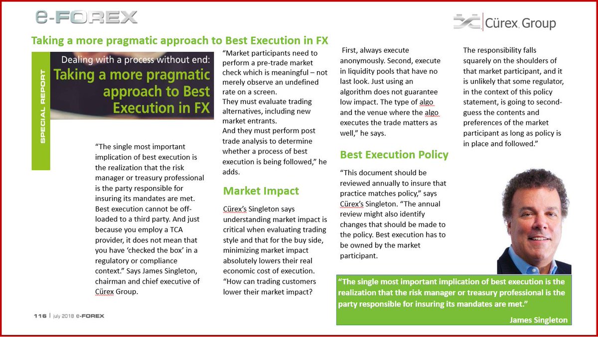 CurexFX's tweet photo. Our CEO #JamesSingleton shares with #e-FOREXMagazine “Most important implication of #bestexecution: realization that risk manager or treasury professional is responsible for insuring its mandates are met.” full article https://t.co/gVC5ujD6aZ #curexgroup #foreignexchange #TCA https://t.co/TBiDAflMJM