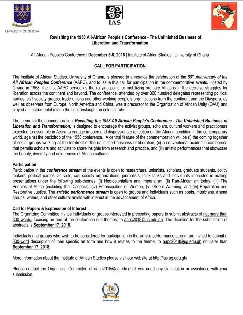 InterroAfrica's tweet photo. The call for participation-All African Peoples' Conference-Circulate wide and far!! @thursdayseminar @adomakoampofo @DzodziTsikata @InterroAfrica #AAPC2018 https://t.co/hNtJW1IzJe https://t.co/PFjrhJpQEq
