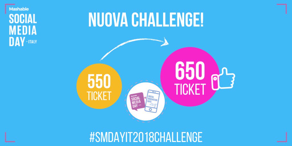 📲 Adoriamo le sfide e non possiamo tirarci indietro di fronte a questa!
Aiutiamo la squadra del <a href="/SMDAYIT/">SMDAYIT</a> di <a href="/Elerocca/">Eleonora Rocca</a> a raggiungere per il  #SMDAYIT+#DIDAYS i 650 biglietti venduti!
➡️ Acquista qui bit.ly/SMDAYIT2018