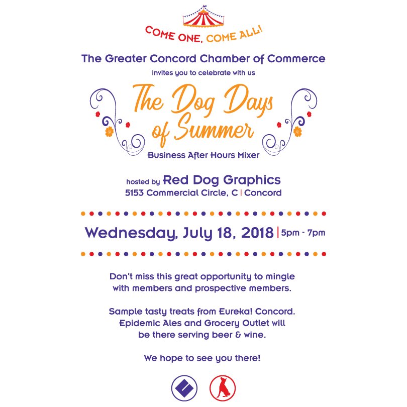 Business After Hours Mixer - Beer - Wine - Snacks - Fun! Wednesday, July 18th, 5:00-7:00pm

#ConcordChamber #concordca #eastbay #businessafterhours #mixer #cityofconcord #concordvibe #reddoggraphics #dogdaysofsummer #nationalhotdogday #letterpress #offsetprinting #graphicdesign
